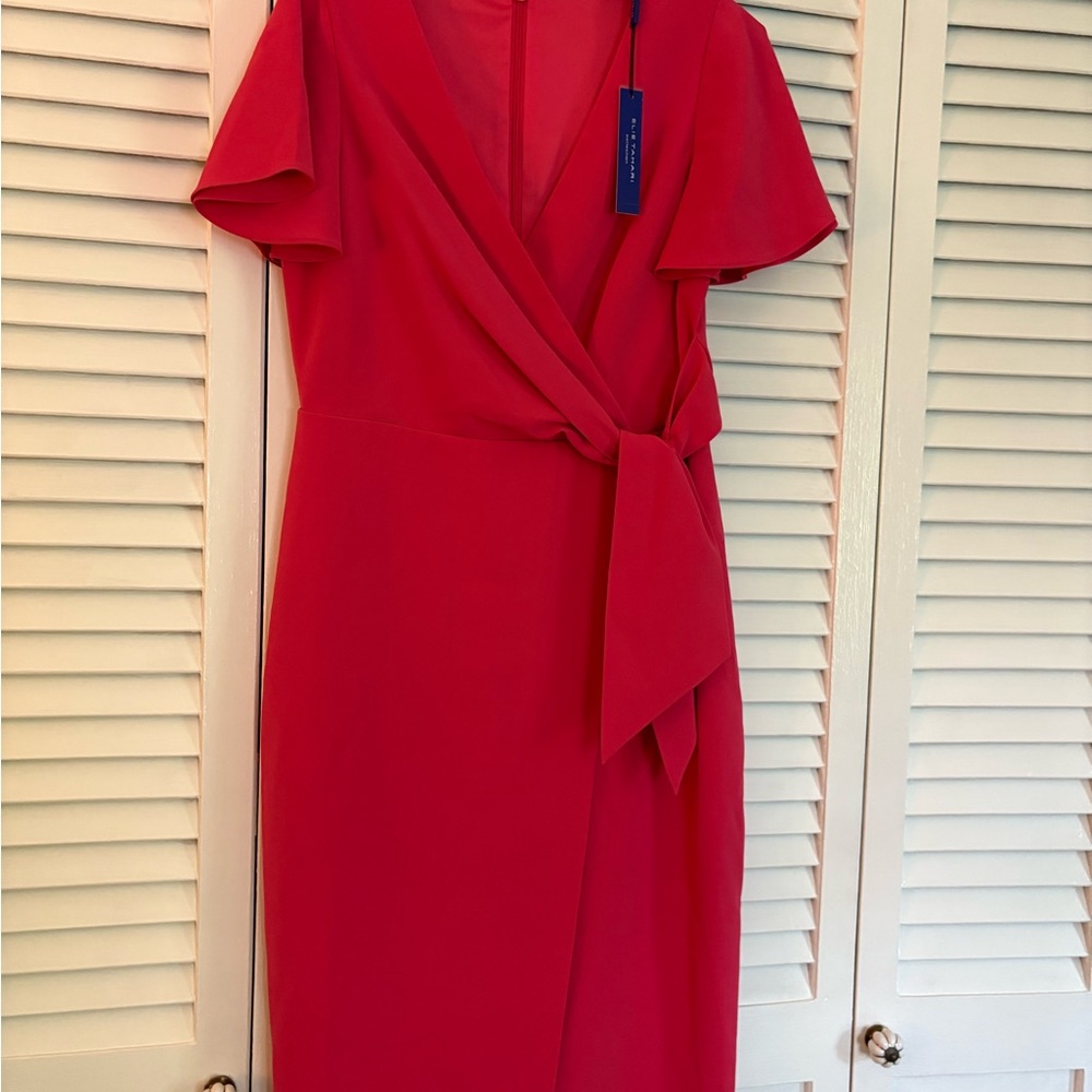 Elie Tahari Red Flutter Sleeve Wrap Midi Dress